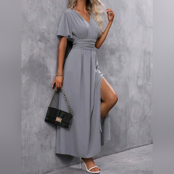 NEW Chic Ruched Waist Flutter Sleeve Maxi Dress Gray - Picture 4 of 9